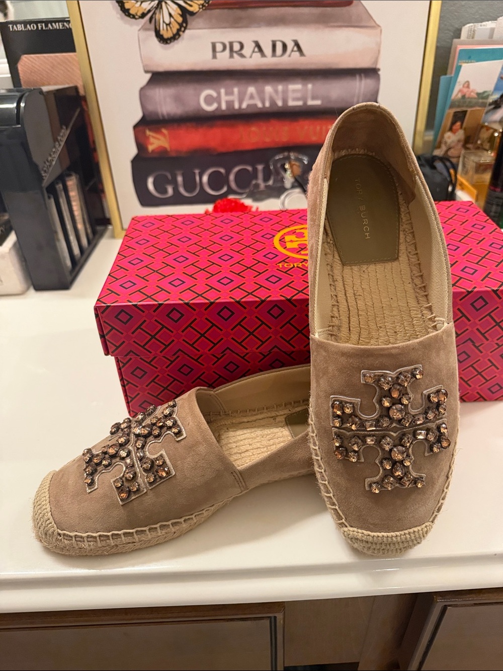 Tory Burch Beige Suede Espadrille with Embellished Logo